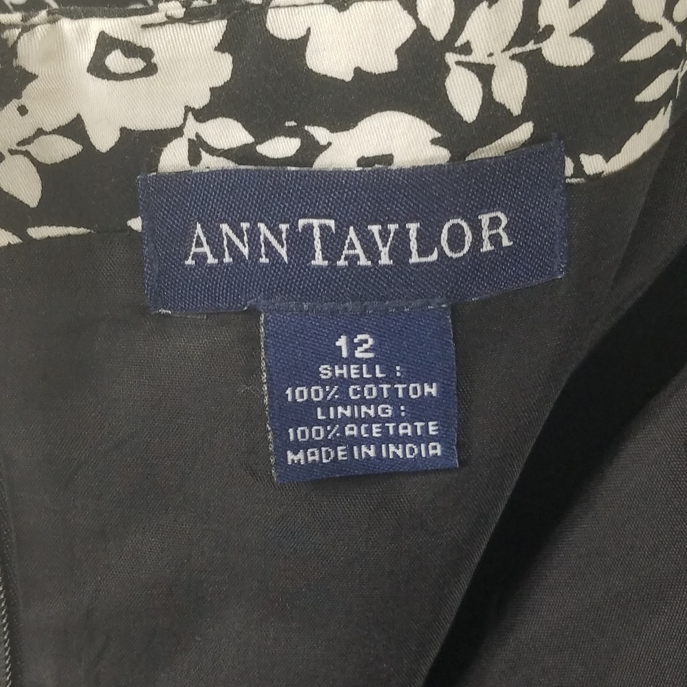 Ann Taylor Black White Floral Print Fit Flare Dress 12 Spaghetti Straps a-line - Picture 7 of 8